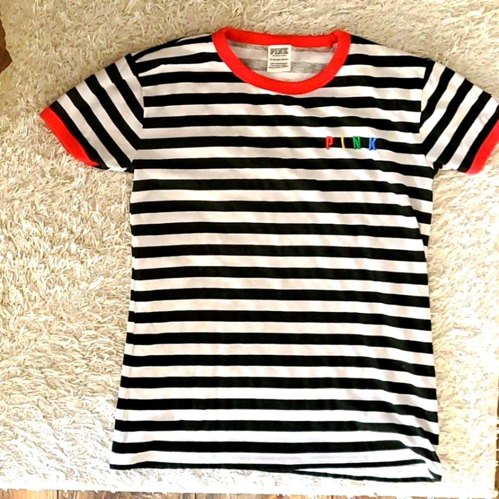 PINK Black & White Stripe Ringer T-shirt